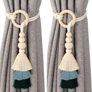2pcs Tassel Curtain Tie Backs Wooden Bead Curtain Tiebacks – Bohemian Decorative Curtain Clasp (Pair)