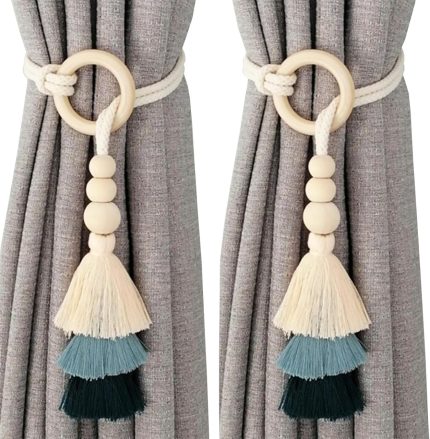 2pcs Tassel Curtain Tie Backs Wooden Bead Curtain Tiebacks – Bohemian Decorative Curtain Clasp (Pair)