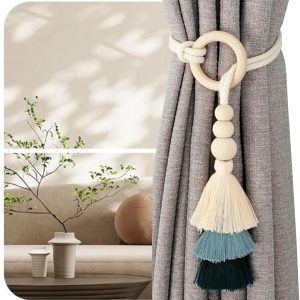 2pcs Tassel Curtain Tie Backs Wooden Bead Curtain Tiebacks – Bohemian Decorative Curtain Clasp (Pair)