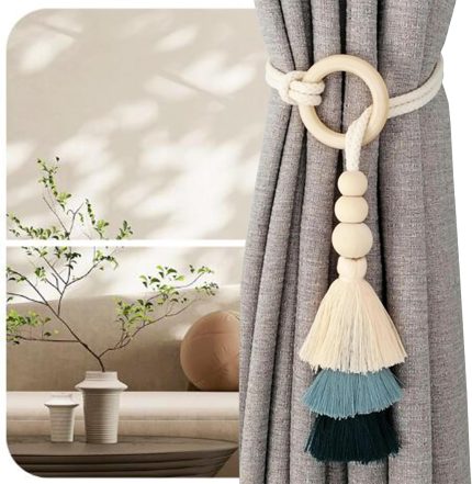 2pcs Tassel Curtain Tie Backs Wooden Bead Curtain Tiebacks – Bohemian Decorative Curtain Clasp (Pair)