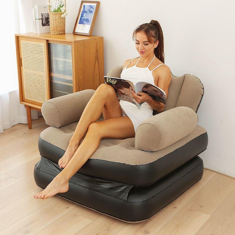 5 in 1 Inflatable Couch Lazy Sofa Bed – Brown (Foldable Waterproof 1-Seater Sofa Pull-Out Bed)