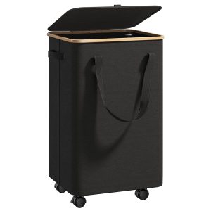 Foldable Laundry Storage Basket With Bamboo Frame and Detachable Wheels – 70L