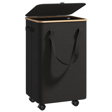 Foldable Laundry Storage Basket With Bamboo Frame and Detachable Wheels – 70L