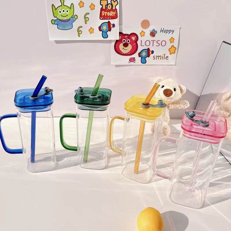 Square Borosilicate Glass With Handle Acrylic Lid And Straw