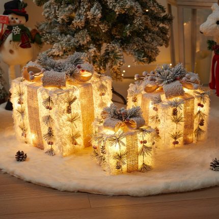 3Pc Set Snow Flocked Christmas Lighted Gift Boxes