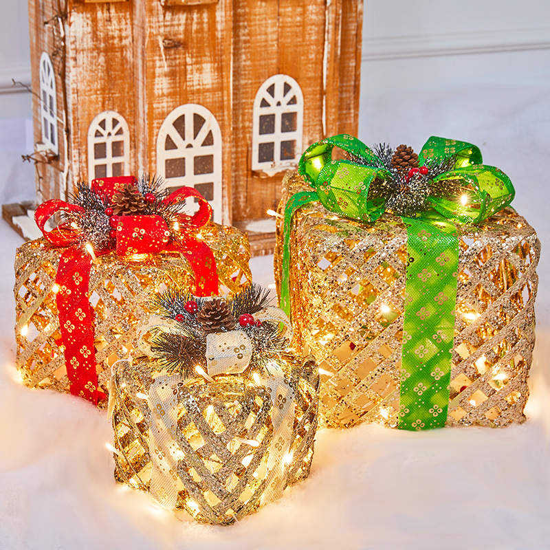 3pcs/set Christmas Decoration Gift Box With Lights Christmas Tree Ornament Iron Art 3pcs/set Christmas Decoration Gift Box With Lights Christmas Tree Ornament Iron Art
