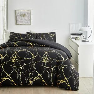 Marble Printed 3 Piece Luxury Microfiber Down Comforter Quilt Cover Set – Black Gold