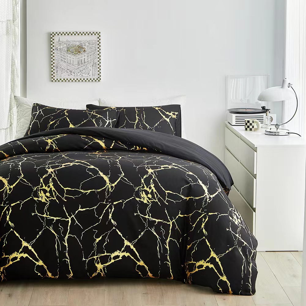 Marble Printed 3 Piece Luxury Microfiber Down Comforter Quilt Cover Set – Black Gold