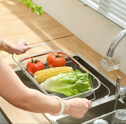 Stainless Steel Expandable Over‑The‑Sink Colander – Adjustable Kitchen Strainer Basket for Fruits & Vegetables