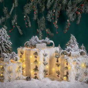 3Pc Set Snow Flocked Christmas Lighted Gift Boxes