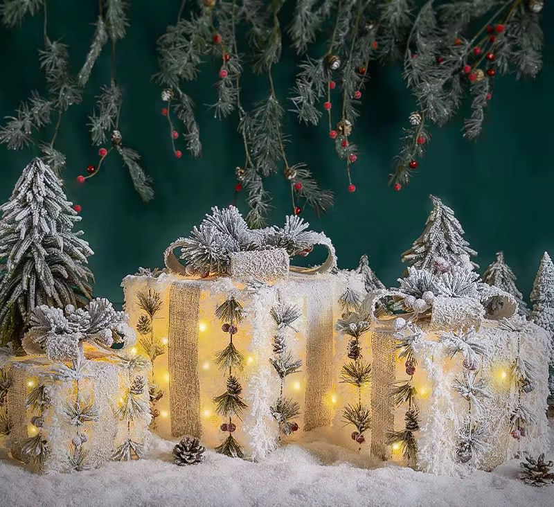 3Pc Set Snow Flocked Christmas Lighted Gift Boxes 3Pc Set Snow Flocked Christmas Lighted Gift Boxes