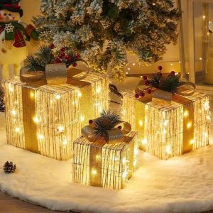 3Pc Set Snow Flocked Christmas Lighted Gift Boxes