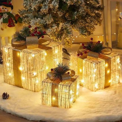 3Pc Set Snow Flocked Christmas Lighted Gift Boxes