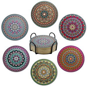 6pcs Mandala Print Drink Coasters with Metal Stand Holder