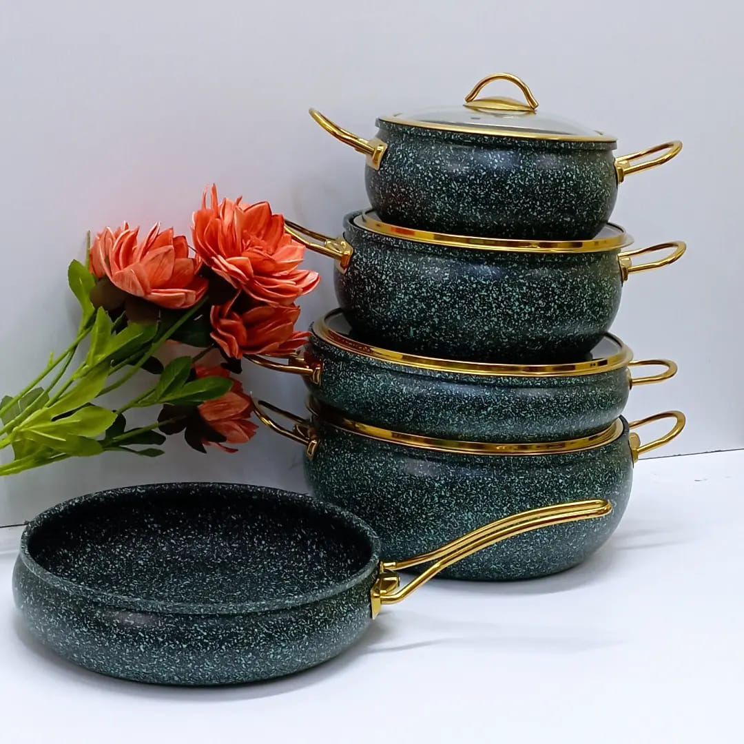 Granite Sufuria Set – 9/11 PCS (4 Sufurias + Frying Pan + Glass Lids) – Cream, Black & Green Granite Sufuria Set – 9/11 PCS (4 Sufurias + Frying Pan + Glass Lids) – Cream, Black & Green