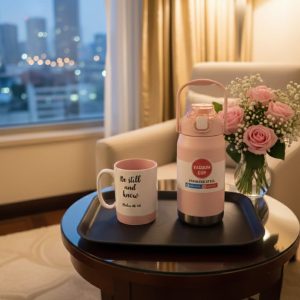 3pcs Black and Pink Set Flask & Serving Tray + Free Gift Cup