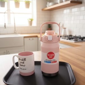 3pcs Black and Pink Set Flask & Serving Tray + Free Gift Cup