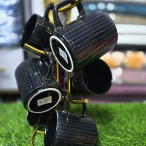 Black Ribbed Ceramic Mugs – 350 ml (Set of 6)