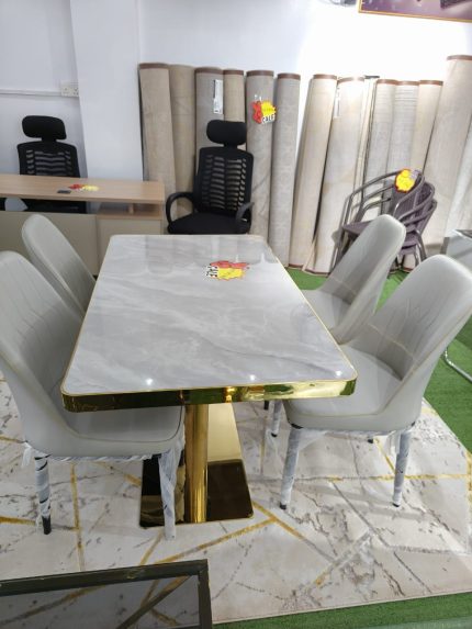 Four Seater Dining Table 🔸 1.2M Dining Table with Microfibre Chairs & Gold-Finish Metallic Legs