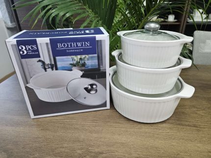 3pcs Set Ceramic Casserole Serving Dishes with Glass Cover – 3 L, 2 L & 1 L