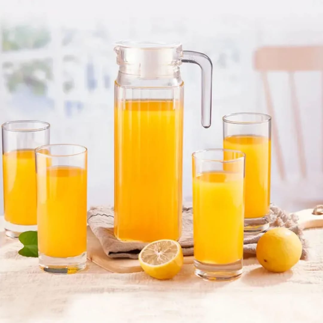 7 pcs Water/Juice Set — 1.1L Glass Jug + 6 Highball (340ml) Glasses 7 pcs Water/Juice Set — 1.1L Glass Jug + 6 Highball (340ml) Glasses