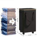 Foldable Laundry Storage Basket With Bamboo Frame and Detachable Wheels – 70L