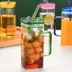 Square Borosilicate Glass With Handle Acrylic Lid And Straw