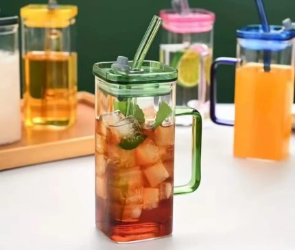 Square Borosilicate Glass With Handle Acrylic Lid And Straw