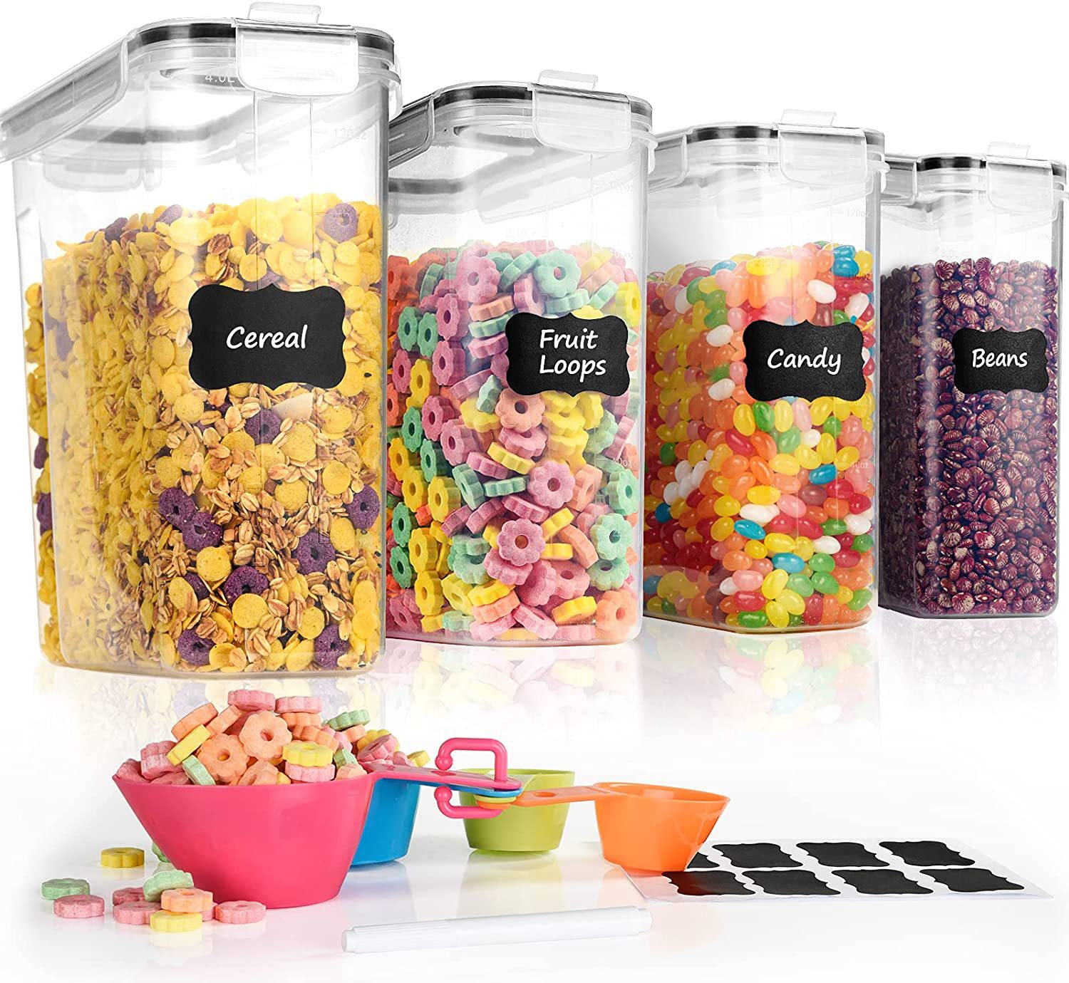 4pcs Food Storage Containers 4L Airtight Kitchen Containers with Labels & Measuring Cups
