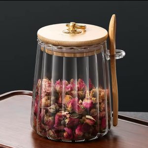 Glass Storage Jar with Bamboo Lid and Spoon 500ml – Airtight Leakproof Kitchen Container