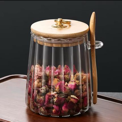 Glass Storage Jar with Bamboo Lid and Spoon 500ml – Airtight Leakproof Kitchen Container