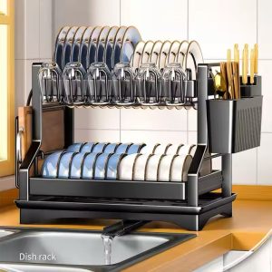 2-Tier Kitchen Dish Rack with Drain Tray – Large Capacity Countertop Storage Organizer