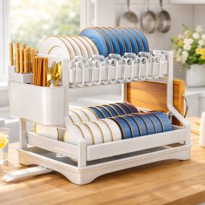 2-Tier Kitchen Dish Rack with Drain Tray – Large Capacity Countertop Storage Organizer