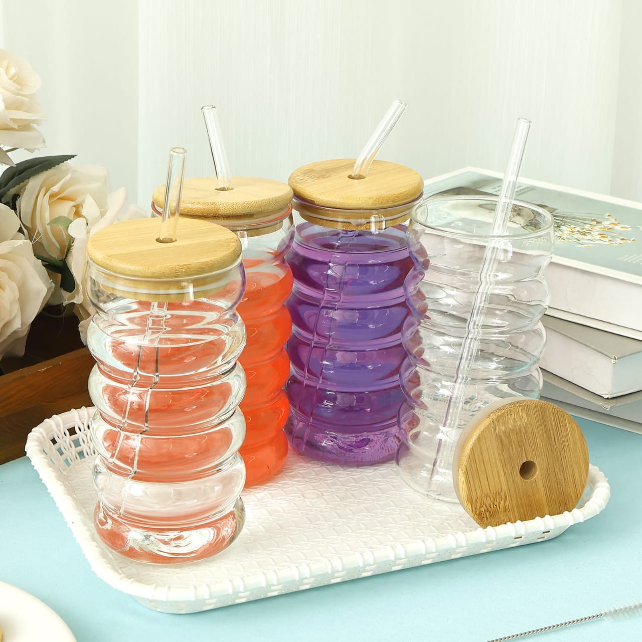 Borosilicate Ripple Wave Glass Cup with Bamboo Lid 500ml – Durable Iced Coffee, Juice & Beer Glass