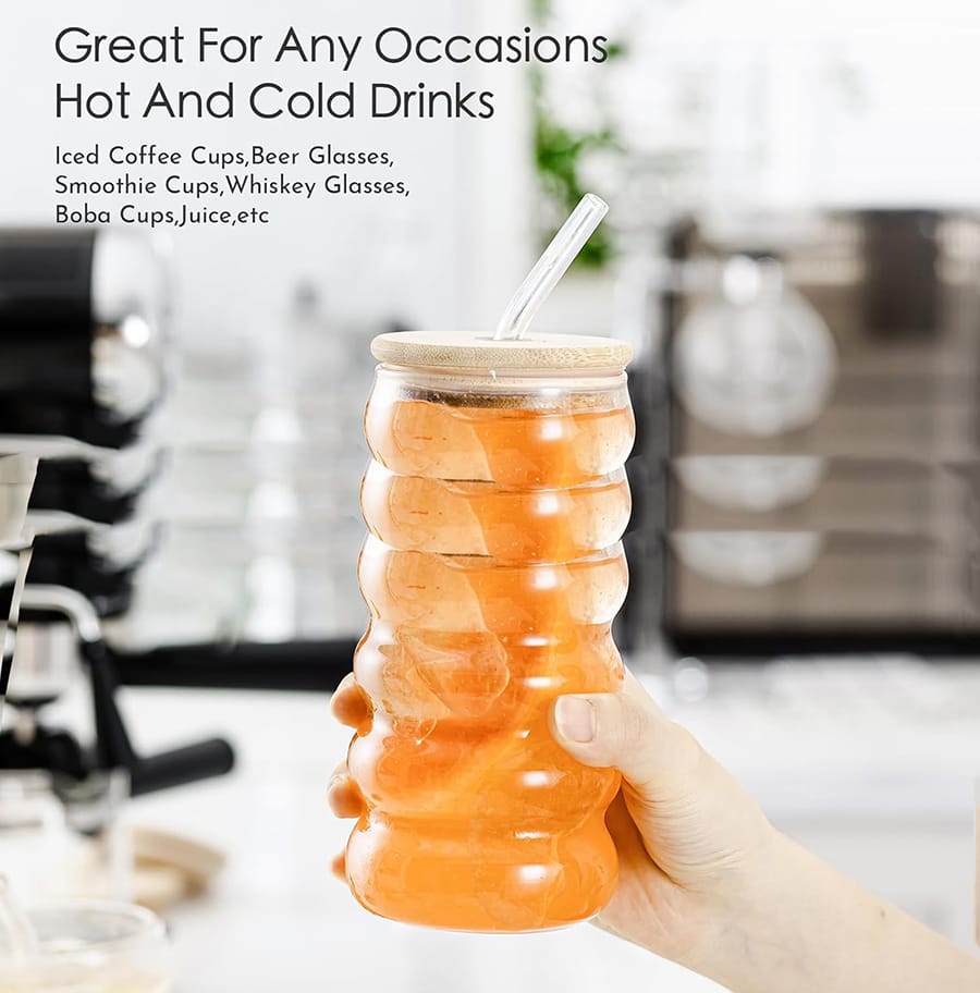 Borosilicate Ripple Wave Glass Cup with Bamboo Lid 500ml – Durable Iced Coffee, Juice & Beer Glass