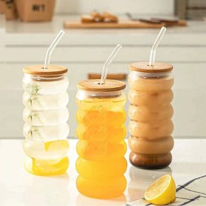 Borosilicate Ripple Wave Glass Cup with Bamboo Lid 500ml – Durable Iced Coffee, Juice & Beer Glass