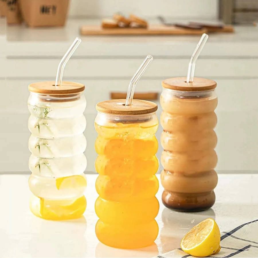 Borosilicate Ripple Wave Glass Cup with Bamboo Lid 500ml – Durable Iced Coffee, Juice & Beer Glass