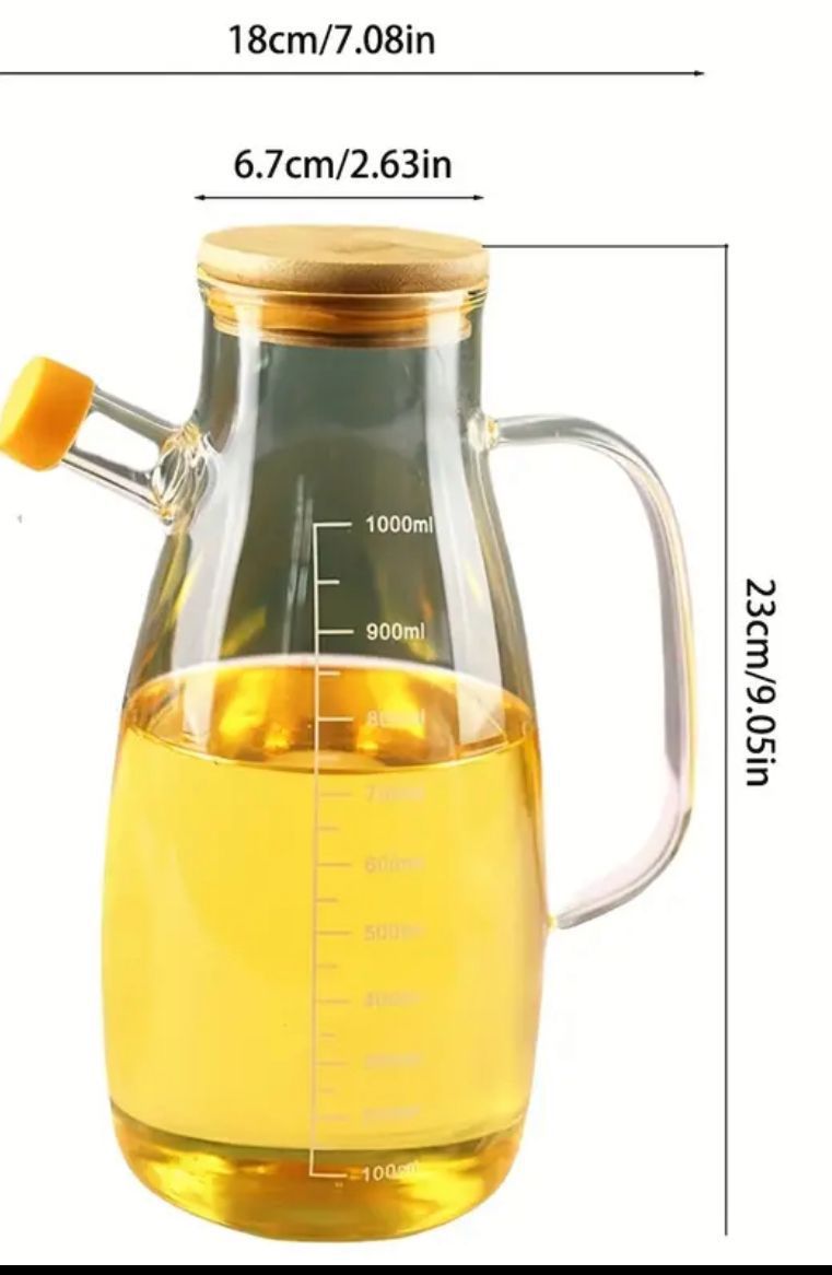 Premium 1L Glass Oil Dispenser with Handle & Bamboo Lid – Heat Resistant Kitchen Oil Bottle