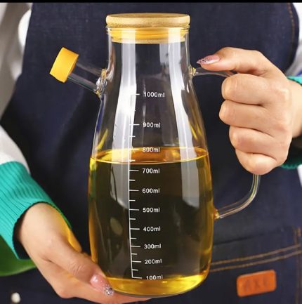 Premium 1L Glass Oil Dispenser with Handle & Bamboo Lid – Heat Resistant Kitchen Oil Bottle