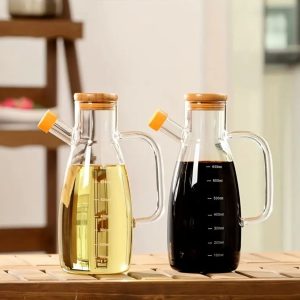 Premium 1L Glass Oil Dispenser with Handle & Bamboo Lid – Heat Resistant Kitchen Oil Bottle