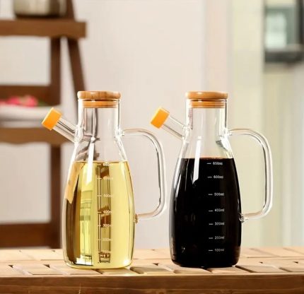 Premium 1L Glass Oil Dispenser with Handle & Bamboo Lid – Heat Resistant Kitchen Oil Bottle