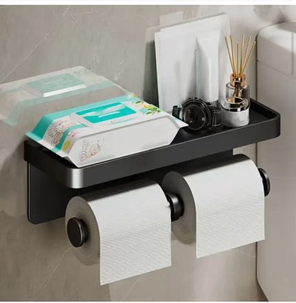 Double Roll Wall-Mounted Paper Holder – No Drill Bathroom Tissue Holder with Shelf