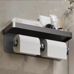 Double Roll Wall-Mounted Paper Holder – No Drill Bathroom Tissue Holder with Shelf