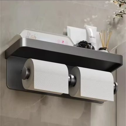 Double Roll Wall-Mounted Paper Holder – No Drill Bathroom Tissue Holder with Shelf