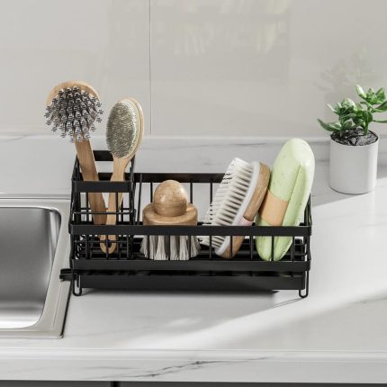 Multifunctional Sink Caddy with Water Draining Tray – Kitchen Sponge & Detergent Storage Rack (Black)
