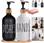Ceramic Soap Lotion Dispensers with Bamboo Holder – Kitchen & Bathroom Organizer Set