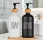 Ceramic Soap Lotion Dispensers with Bamboo Holder – Kitchen & Bathroom Organizer Set