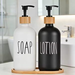Ceramic Soap Lotion Dispensers with Bamboo Holder – Kitchen & Bathroom Organizer Set