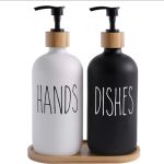 Ceramic Soap Lotion Dispensers with Bamboo Holder – Kitchen & Bathroom Organizer Set
