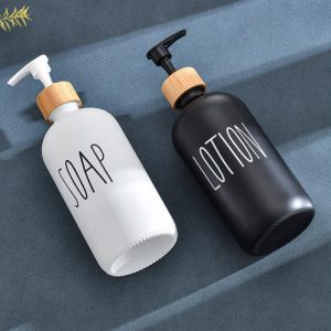 Ceramic Soap Lotion Dispensers with Bamboo Holder – Kitchen & Bathroom Organizer Set